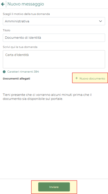 Modulo di invio documento con motivo, titolo, allegato e pulsante Inviare