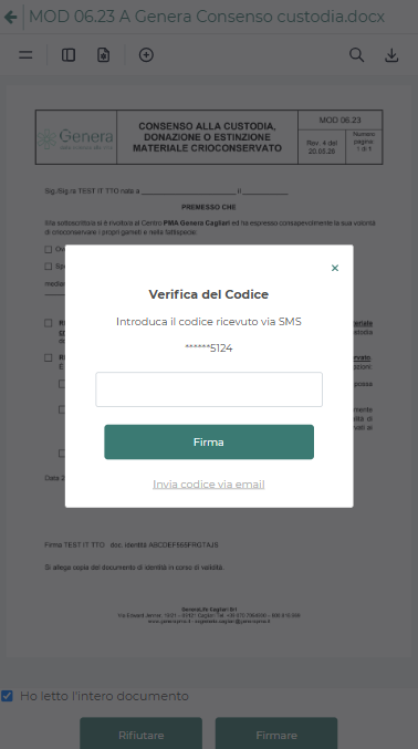 Firma di un consenso con verifica del codice ricevuto via SMS