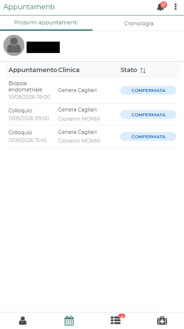 Appuntamenti: elenco dei prossimi appuntamenti con data, centro e stato